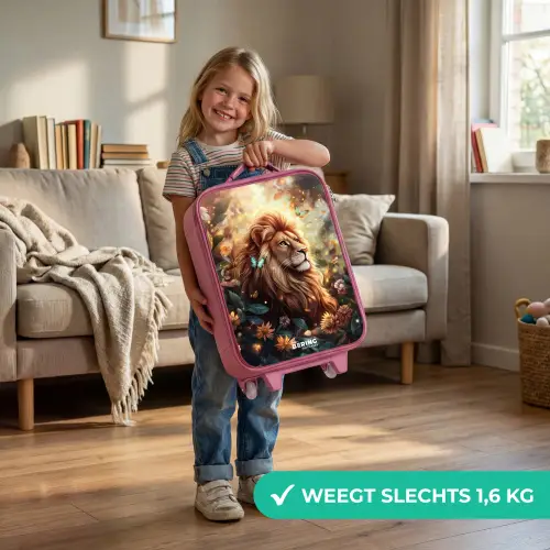 Leeuw met vlinders in bloemrijke jungle Kinderkoffer - Roze klein -sfeer2_NL