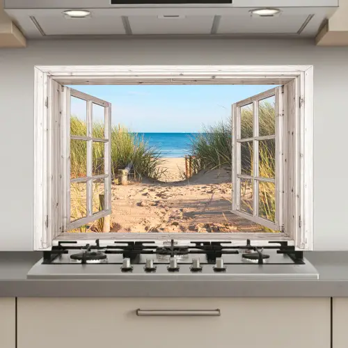 Doorkijk - Strand - Zee - Duinen - Zand - Water - Helmgras keuken achterwand spatscherm klein -3d_website