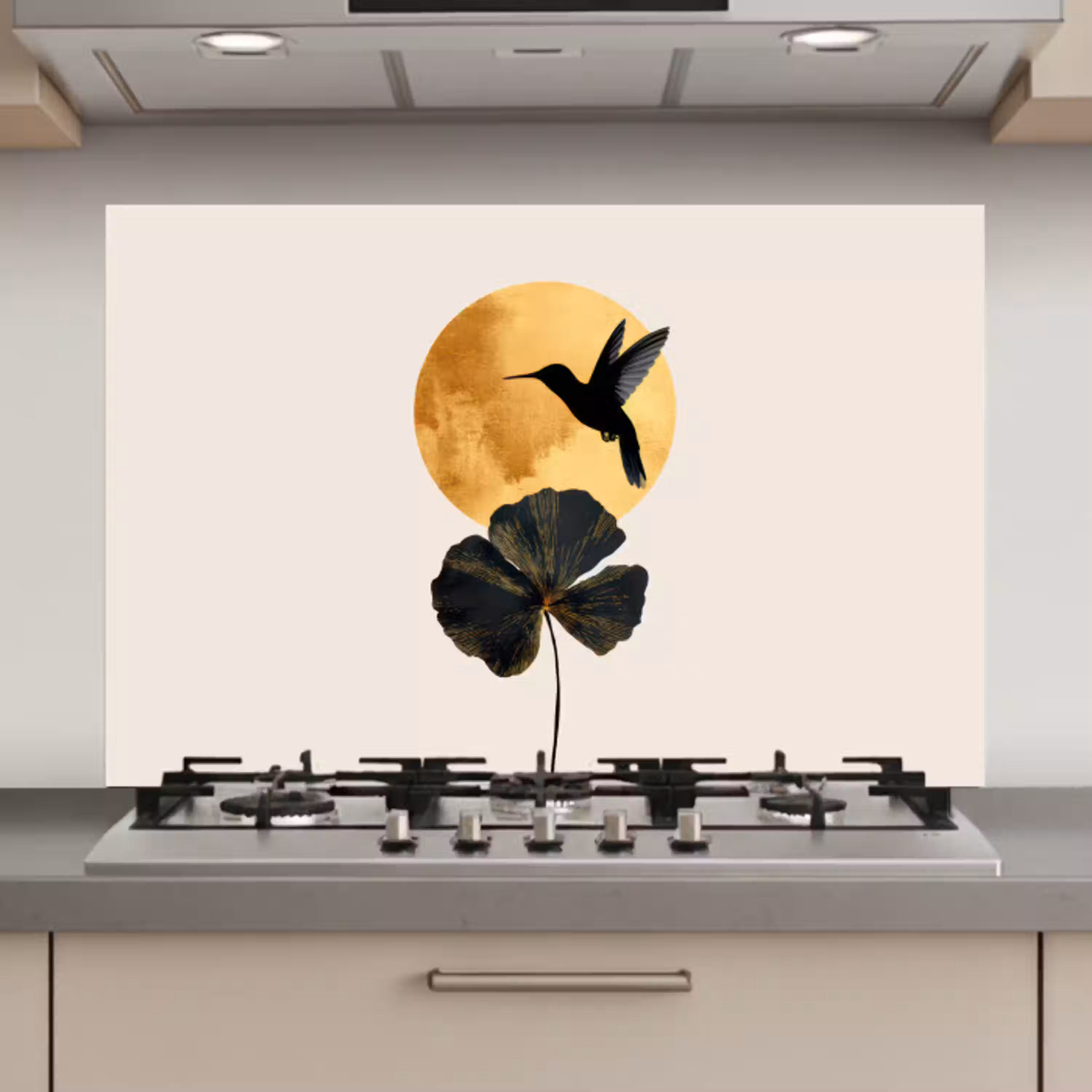 Zwarte kolibrie - Bloem - Gouden cirkel keuken achterwand spatscherm klein -3d_website