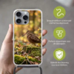 Houtsnip - Bos - Bladeren - Herfst - Gecamoufleerd Hoesje iPhone 16 Pro Max met koord klein -sfeer2_NL