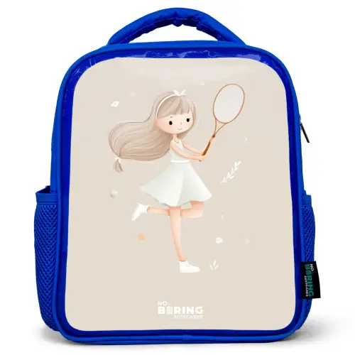 Meisje speelt tennis in beige kleuren Kinderrugzak - Blauw middel -3d