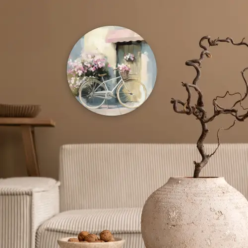 Fiets - Pastelkleuren - Bloemen Wandcirkel plexiglas klein -sfeer1