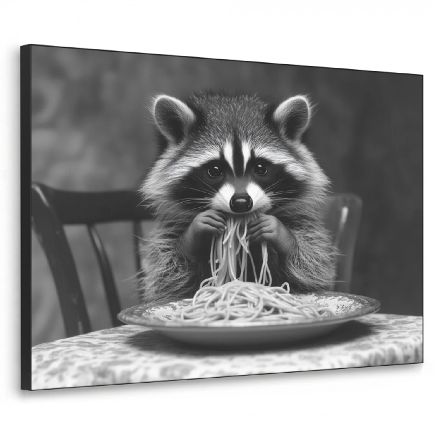 Wasbeer - Cute - Pasta - Tafelkleed - Zwart - Wit Textielframe - compleet frame klein -3d