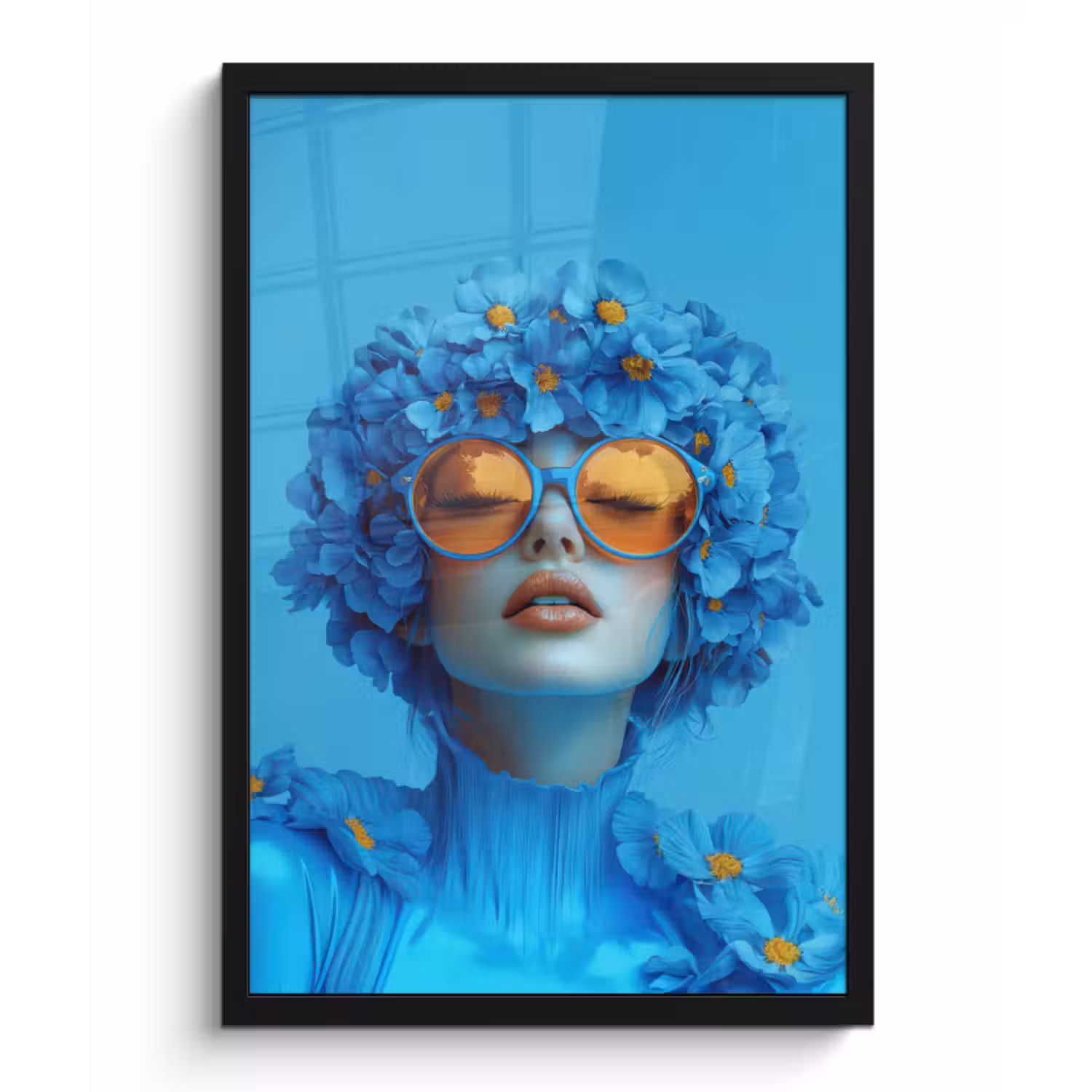 Poster met lijst - Vrouw - Bloem - Blauw - Modern - Bril - Portret