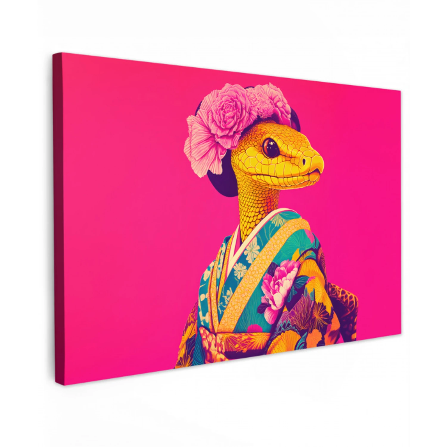 Hagedis - Bloemen - Roze - Kimono Tuinposter op houten frame 2 cm dik klein -3d