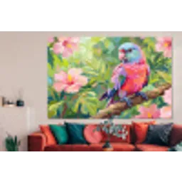 Papagaai - Hibiscusbloemen - Kleurrijk forex 5mm xxl -woonkamer