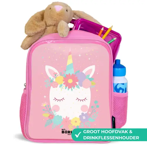 Eenhoorn - Bloemen - Roze Kinderrugzak - Roze middel -inhoud_NL