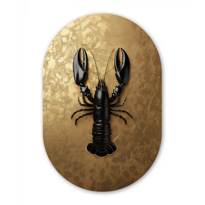 Kreeft - Zwart - Goud - Luxe Wandcirkel Ovaal Glas middel -3d