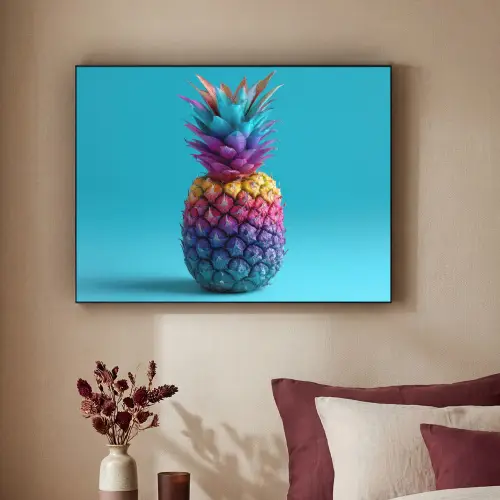 Ananas - Regenboog - Blauw - Popart Textielframe zwart klein -sfeer1