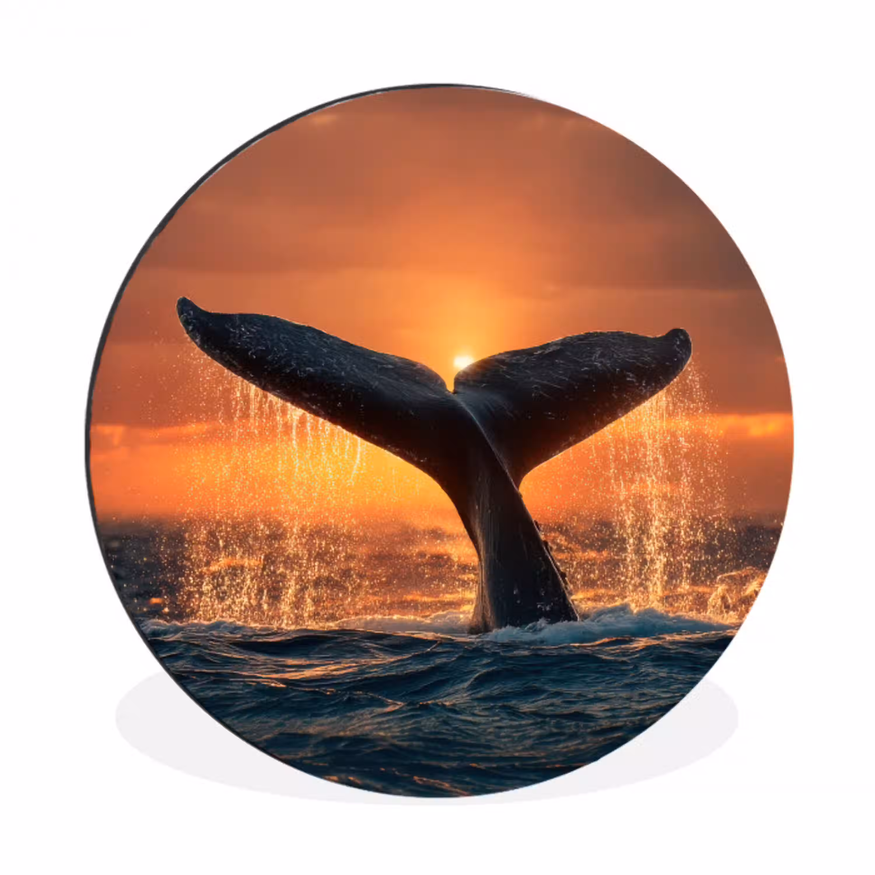 Walvis staart - Water - Zonsondergang Wandcirkel aluminium klein -3d