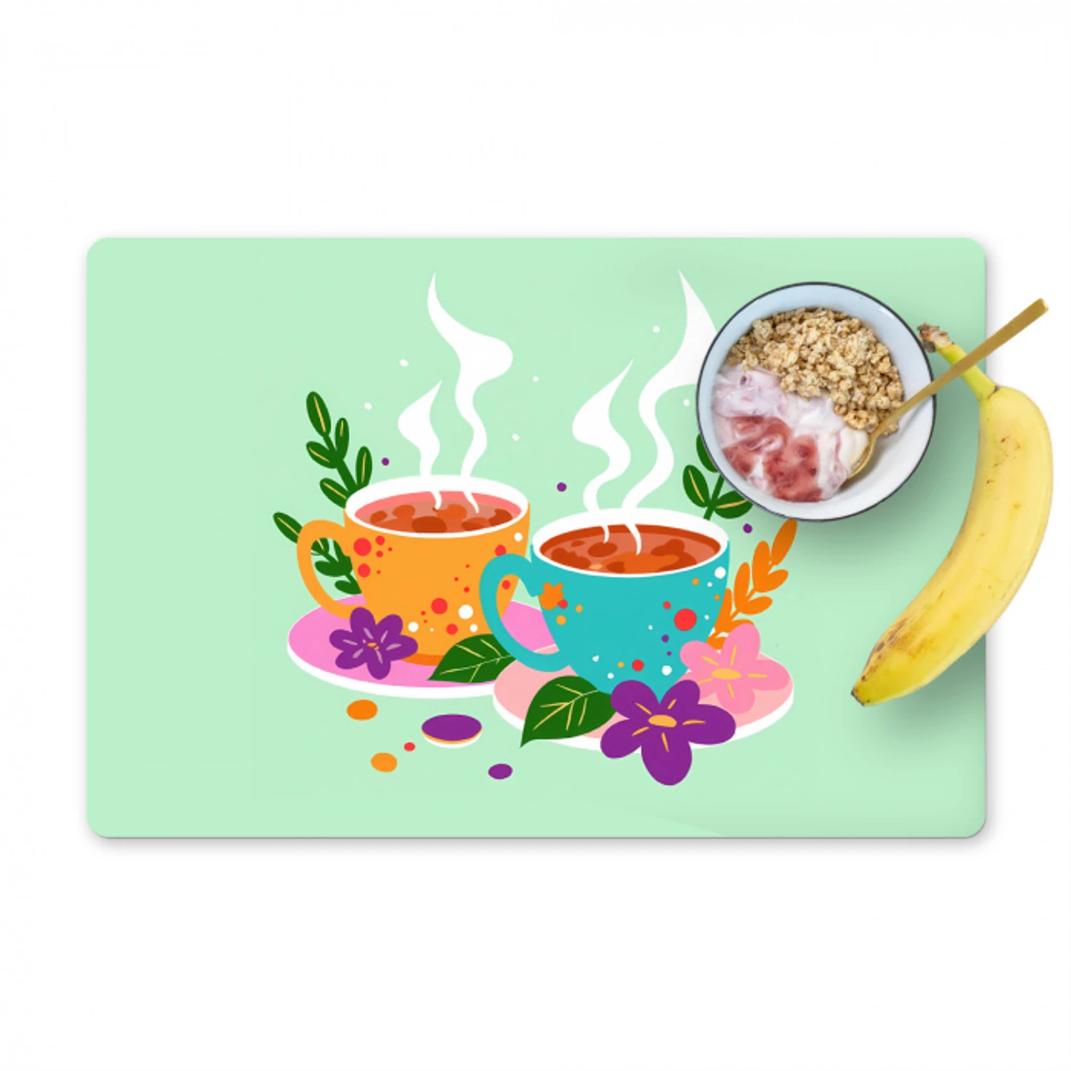 Thee - Illustratie - Kopjes - Bloemen Placemat vinyl groot -zzzproduct_Kitchenyeah-website
