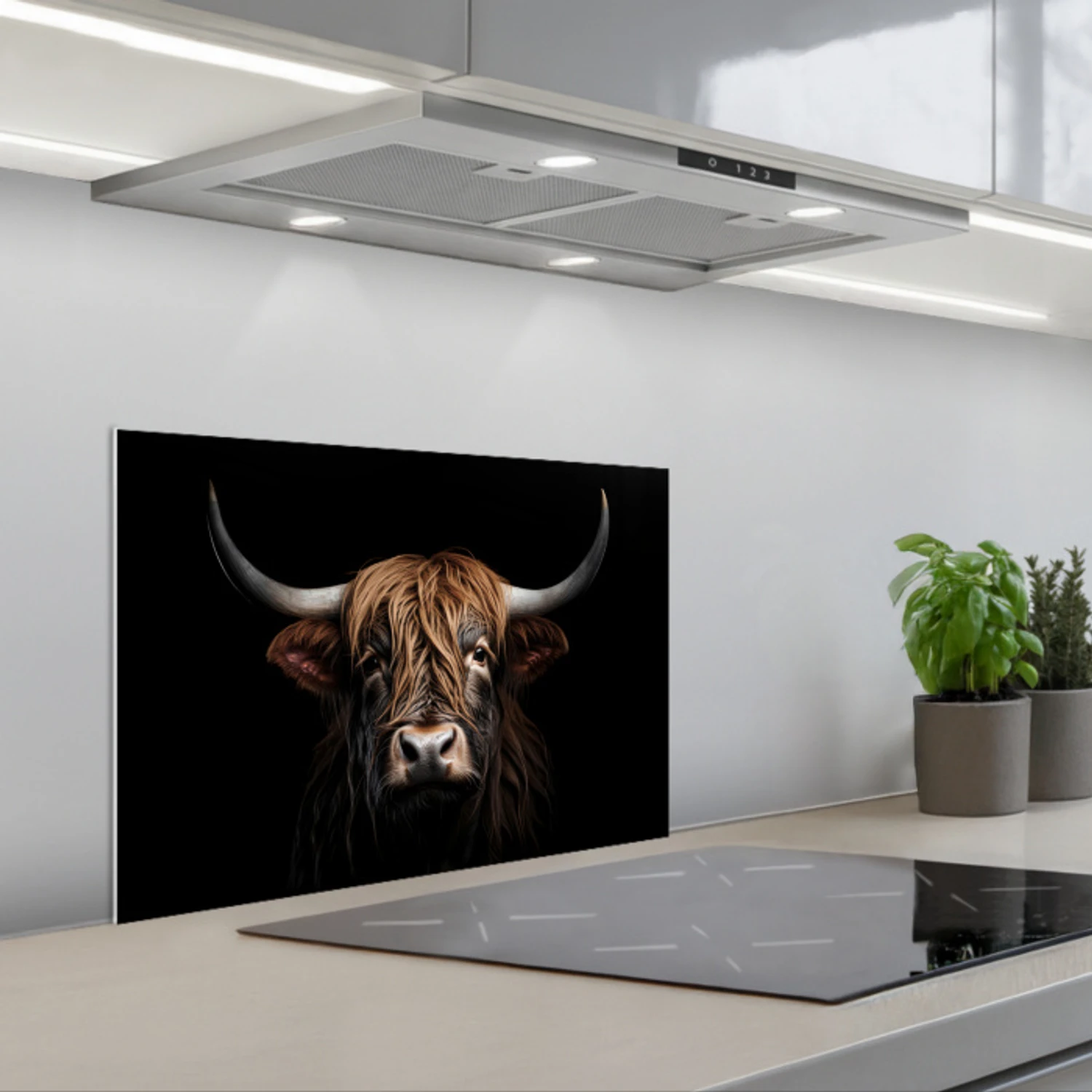 Schotse hooglander - Portret - Zwart - Dier keuken achterwand spatscherm klein -3d_schuin