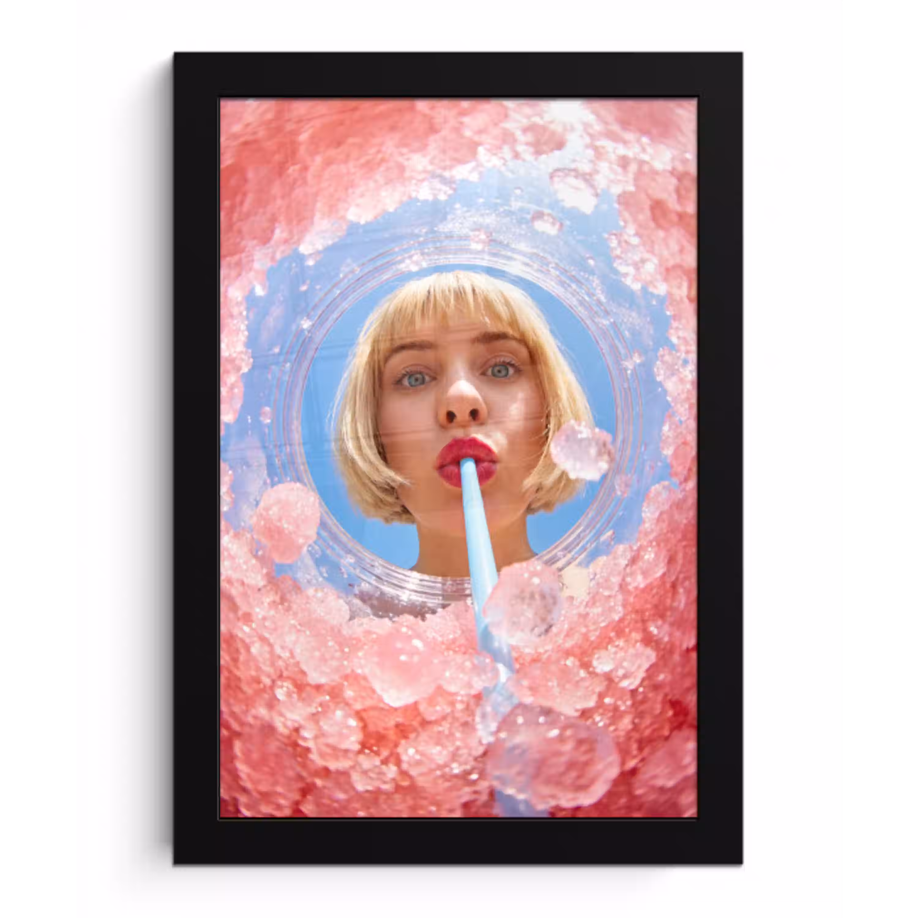 Vrouw - Drank - Zomer - Roze - Blauw fotolijst zwart zonder passe partout klein -3d
