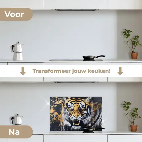 Tijger - Verfspatten - Goud keuken achterwand spatscherm klein -voor_na_NL