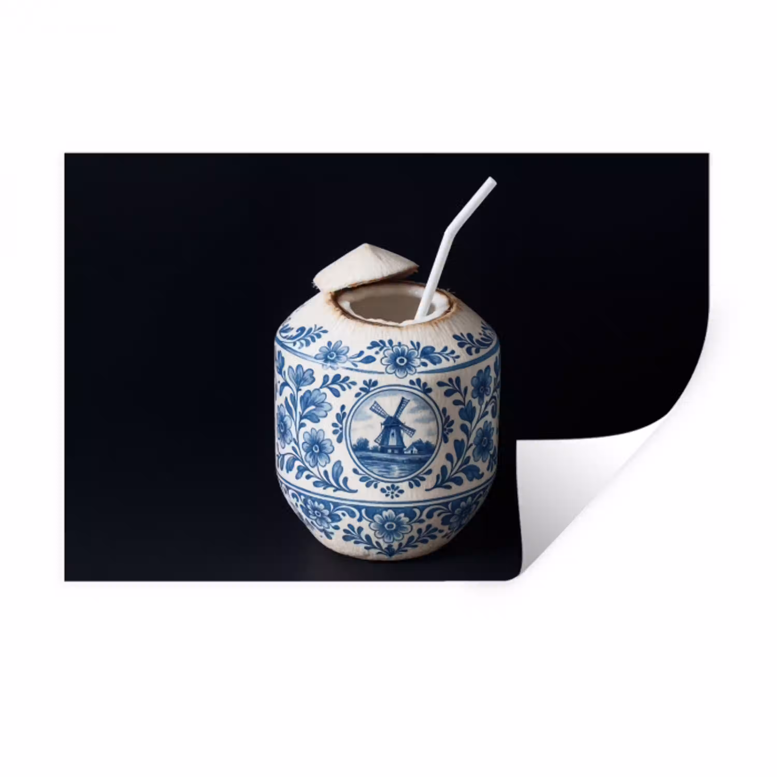 Kokosnoot - Eten - Delfts blauw - Drinken Muursticker klein -3d