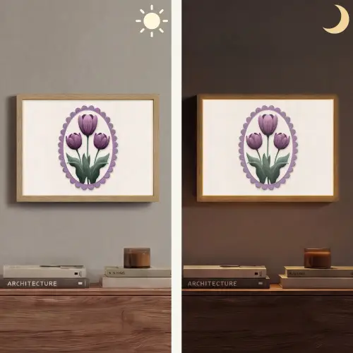 Tulpen - Paars - Lijst - Bladeren Light Box met batterij (Wandlamp) middel -sfeer3
