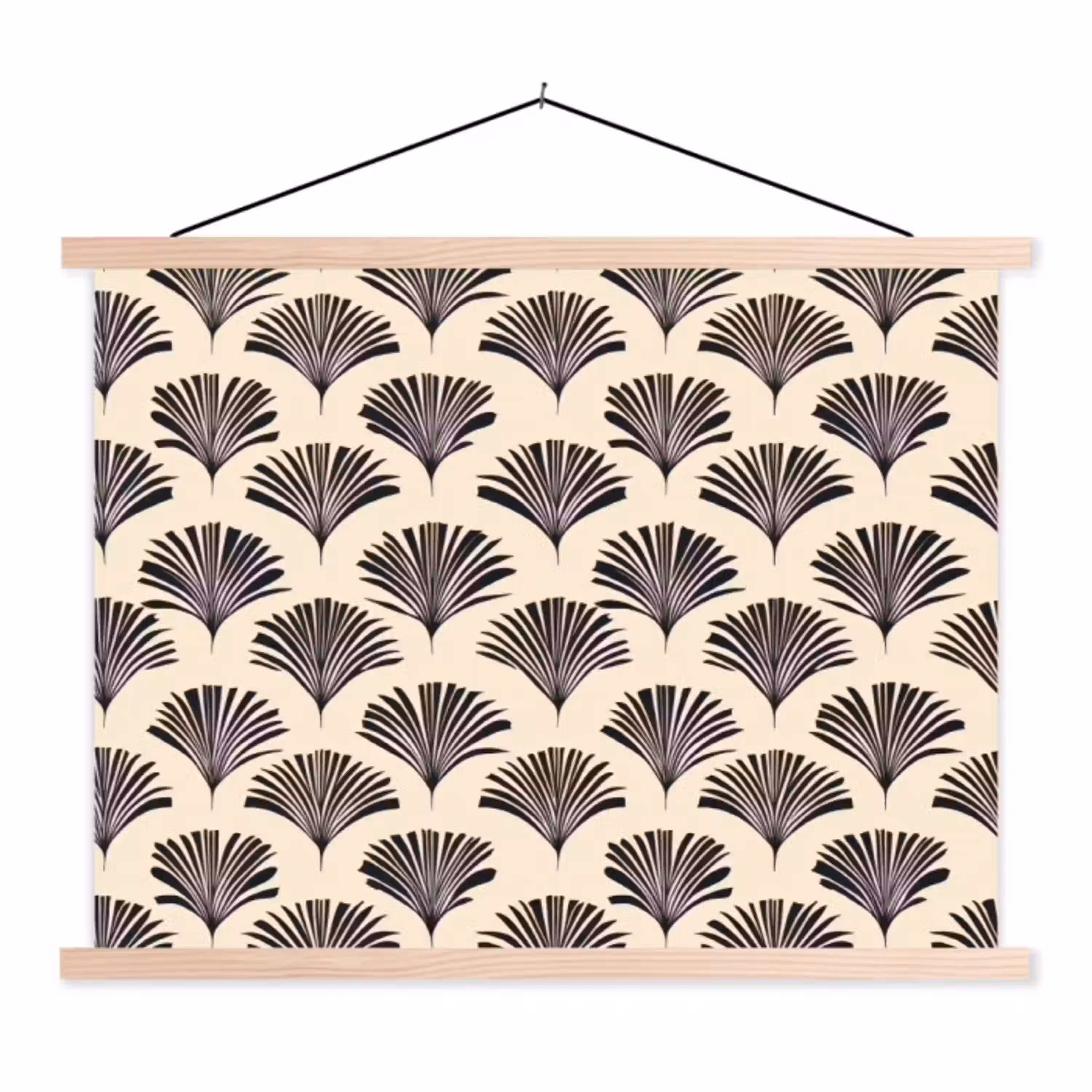 Waaiers - Botanisch - Zwart - Beige textielposter latten blank klein 122 -3d