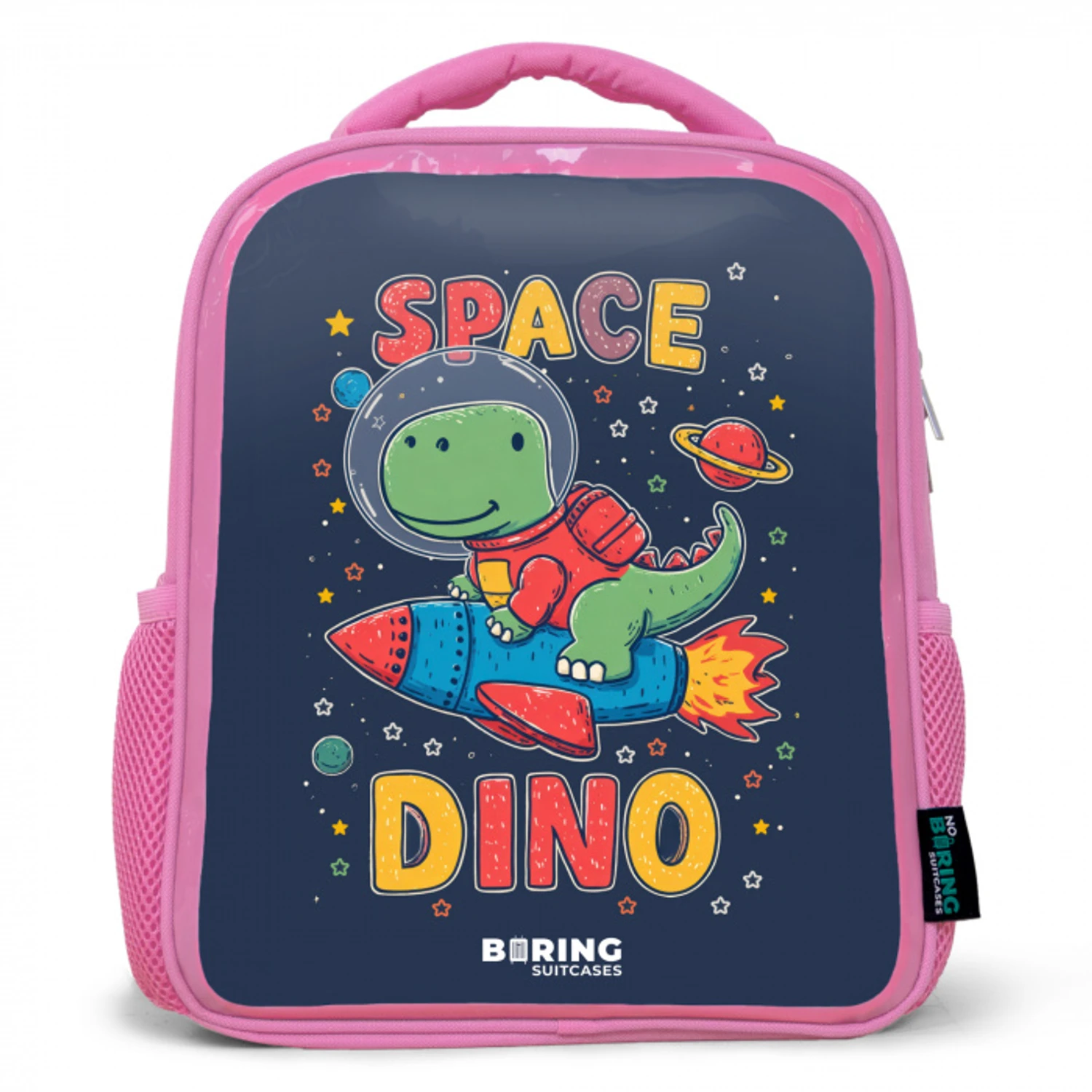 Dino - Groen - Raket - Sterren Kinderrugzak - Roze middel -3d