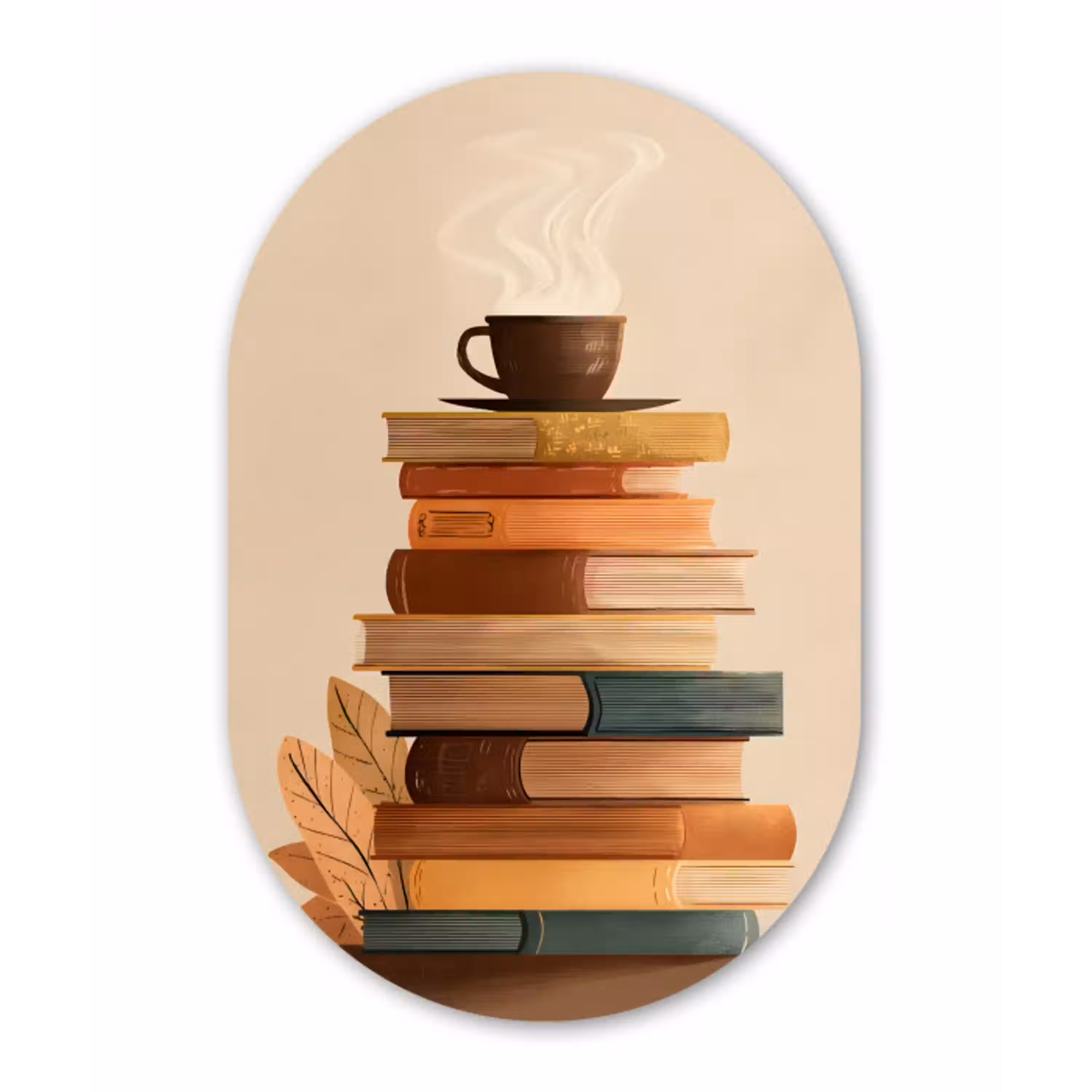 Boeken - Toren - Koffie - Beige Wandcirkel Ovaal Aluminium middel -3d