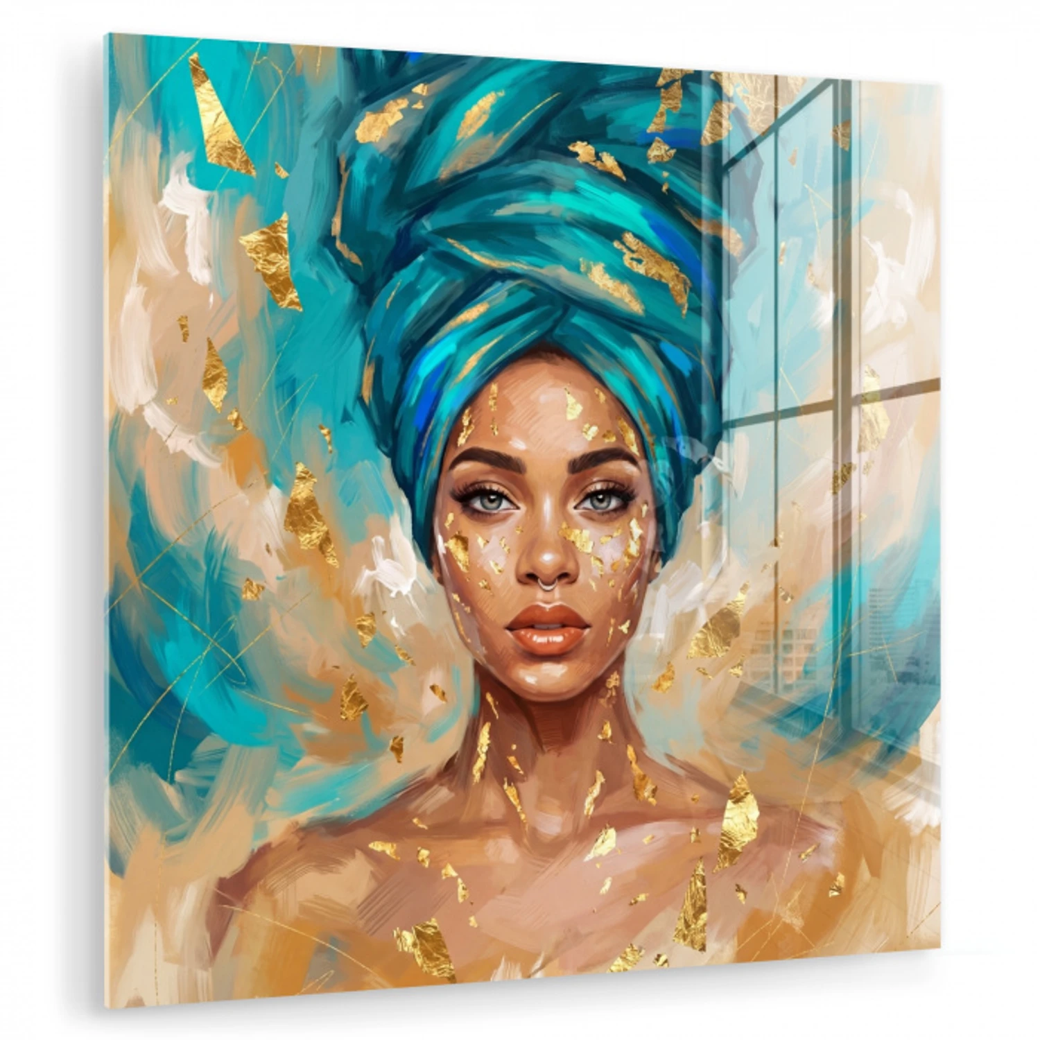 Portret - Vrouw - Schilderij - Blauw - Goud - Expressief plexiglas 5mm klein -zzzproduct_nieuw