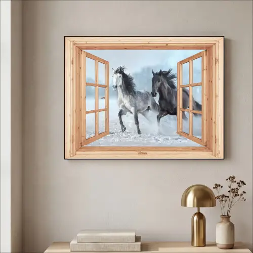 Doorkijk - Paarden - Winter - Dieren - Natuur - Hout Textielframe - compleet frame klein -sfeer2