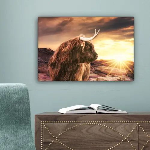 Schotse hooglander - Zon - Horizon - Koe - Dieren canvas 2cm klein -sfeer4