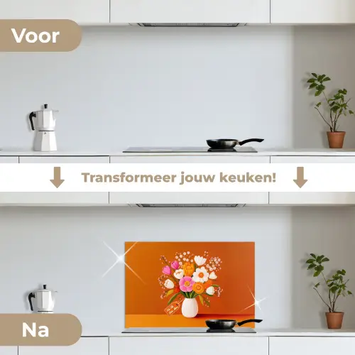 Vaas - Bloemen - Oranje keuken achterwand spatscherm klein -voor_na_NL