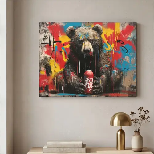 Graffiti - Beer - Dier - Muur - Street art Textielframe zwart klein -sfeer2