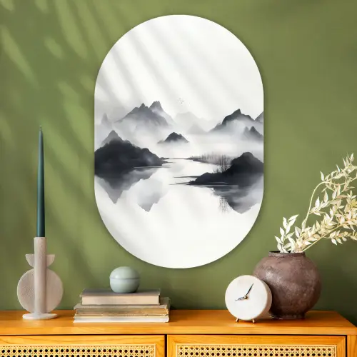 Bergen - Mistig - Water - Wit Wandcirkel Ovaal Glas middel -sfeer2