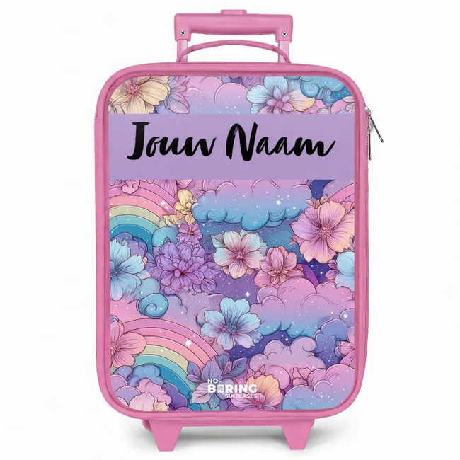 Kinderkoffer roze met naam - Regenbogen - Bloemen - Kleurrijk