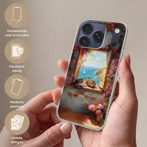 Kat - Blauwe zee - Roze bloemen Telefoonhoesje iPhone 17 Pro klein -sfeer3_NL