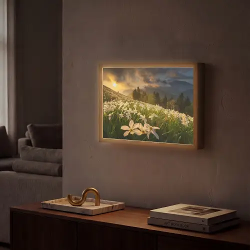 Bloemenveld - Heuvels - Zonsondergang - Berg - Natuur - Wit - Heuvels Light Box met batterij (Wandlamp) middel -sfeer1