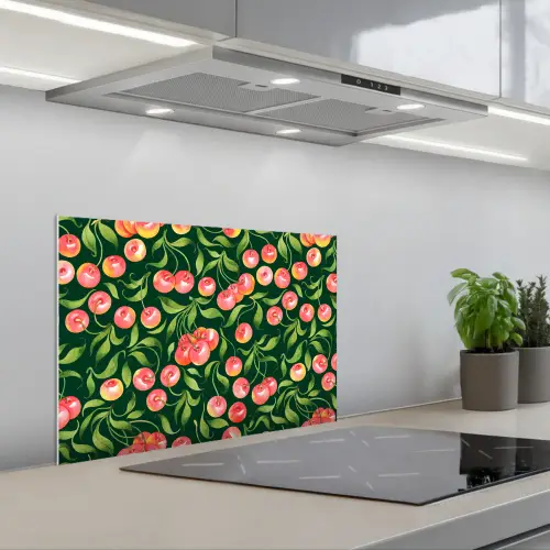 Groen - Rood - Kersen - Bladeren keuken achterwand spatscherm klein 900 -3d_schuin