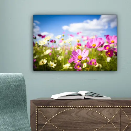 Bloemen - Wei - Paars - Gras - Wit - Wolken - Blauw canvas 2cm klein -sfeer4