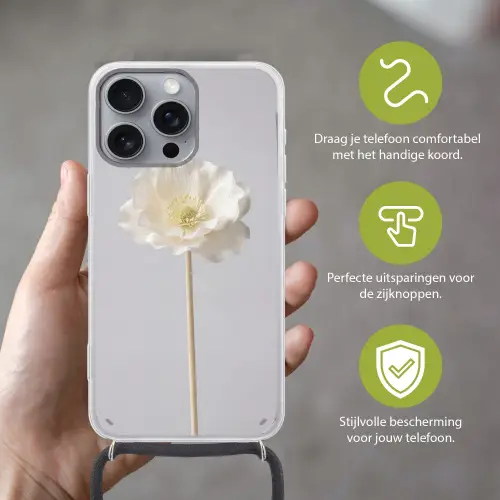 Bloem - Minimalistisch -Wit Hoesje iPhone 16 Pro Max met koord klein -sfeer2_NL