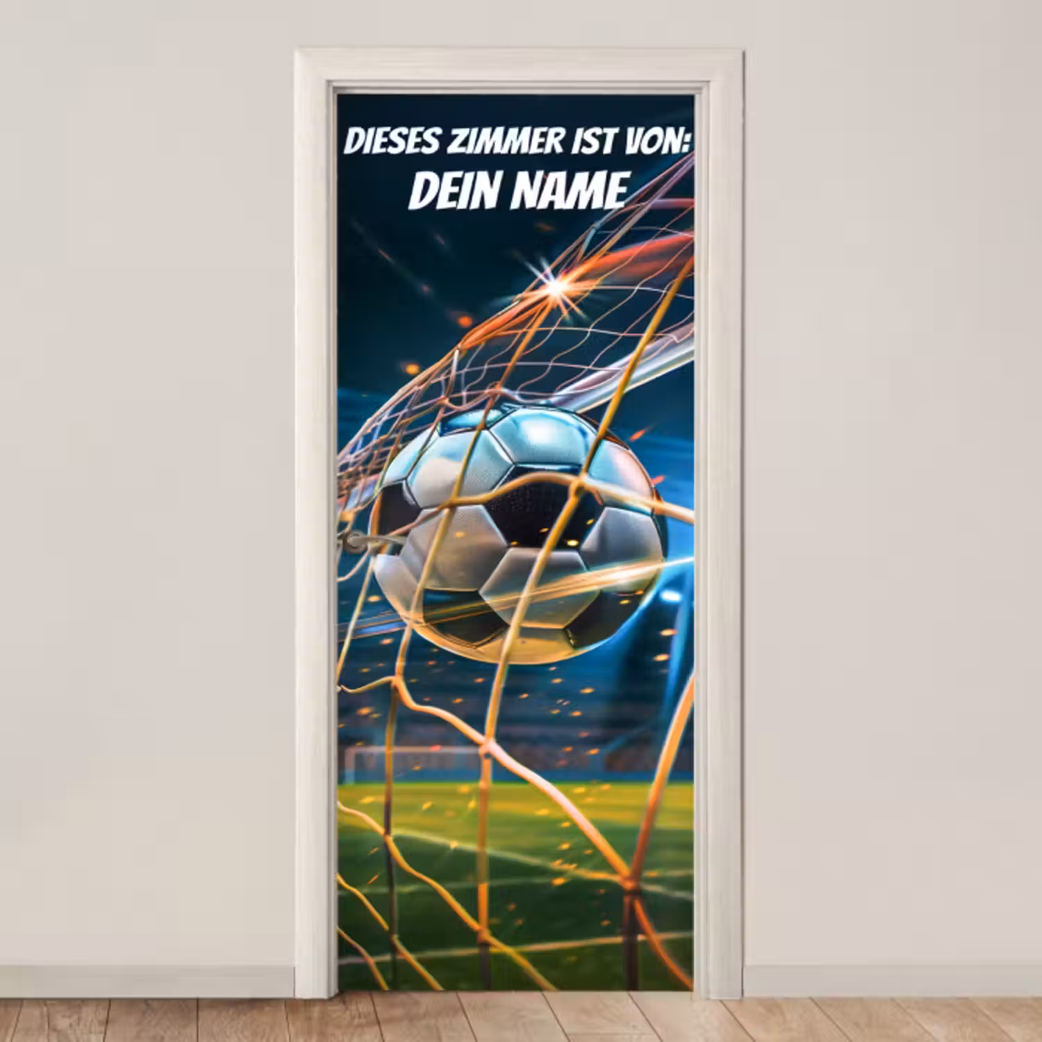 Türtapete mit Name - Fußball im Tornetz mit Namensfeld.