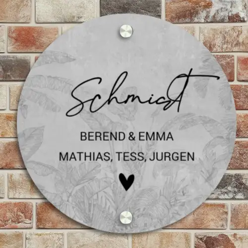 Grijs botanisch patroon - Sierlijk Naambord Rond klein -sfeer2