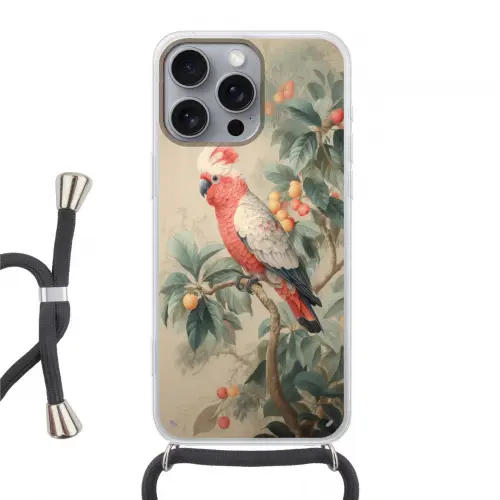 Roze kuifkaketoe - Tak met vruchten - Bladeren Hoesje iPhone 16 Pro Max met koord klein -3d