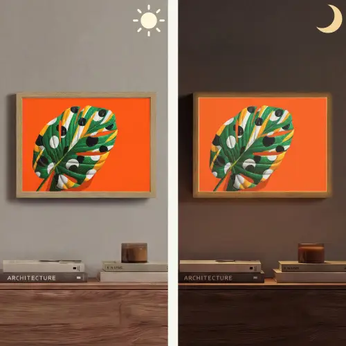 Blad - Oranje - Stippen - Kleurrijk Light Box met batterij (Wandlamp) middel -sfeer3