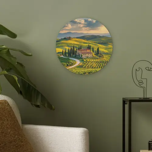Toscane - Landschap - Wijngaarden Akoestische PET Vilt - Rond klein -sfeer2