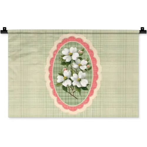 Bloemen - Illustratie - Geruit - Groen Wandkleed katoen klein -zz3d