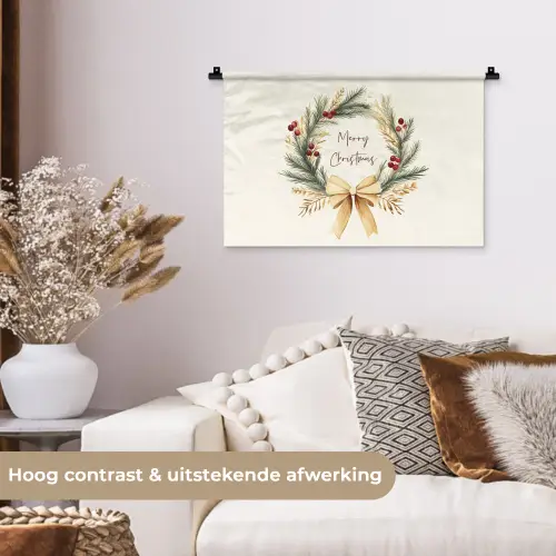 Kerstkrans - Kerst - Goud - Beige Wandkleed katoen klein -sfeer1