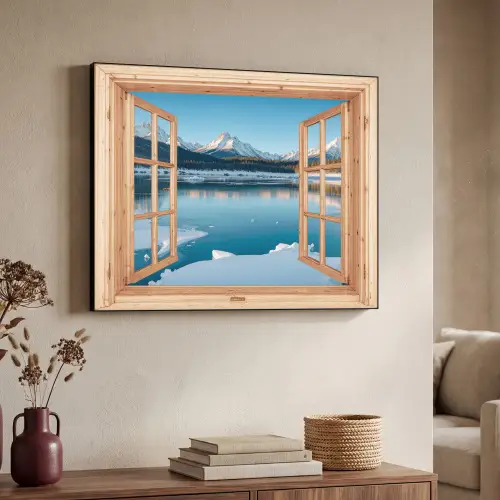 Doorkijk - Landschap - Winter - Meer - Bergen - Uitzicht Textielframe zwart klein -sfeer3