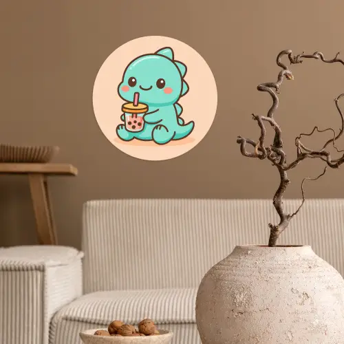 Dino - Boba - kawaii - Oranje Wandcirkel behangsticker klein -sfeer1