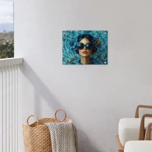 Vrouw - Bloemen - Vlinders - Blauw - Abstract tuinposter los doek klein -sfeer8