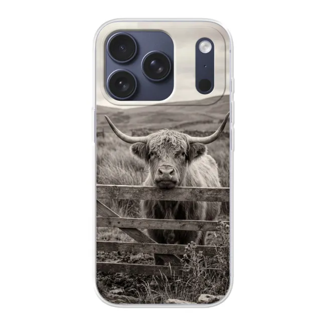 Telefoonhoesje - Schotse hooglander - Zwart - Wit - Hout