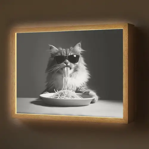 Langharige kat - Zonnebril - Spaghetti - Humor - Zwart - wit Light Box met batterij (Wandlamp) middel -z3d_website