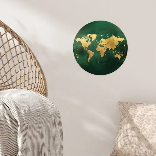 Wereldkaart - Groen - Goud Wandcirkel behangsticker klein -sfeer4