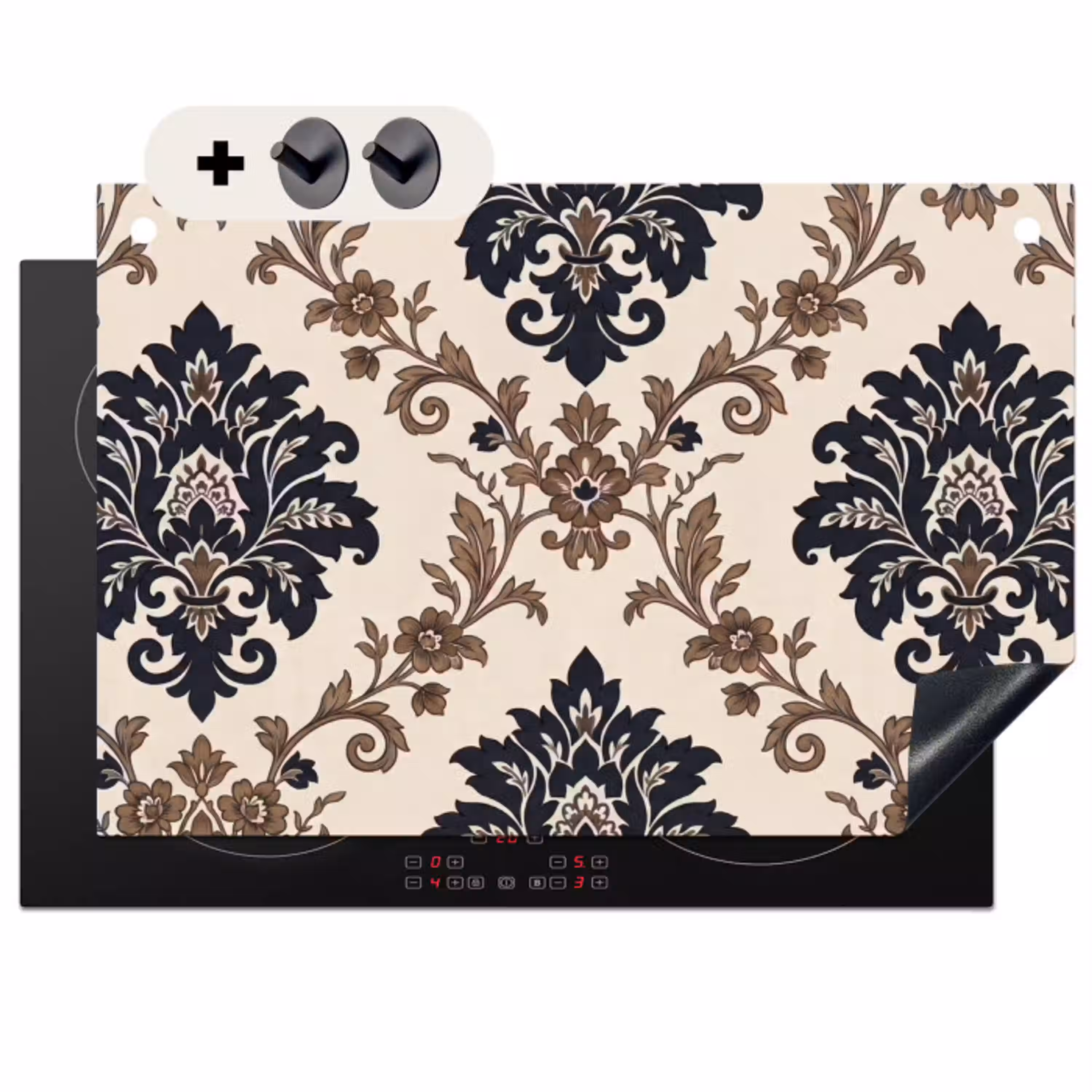 Patroon - Floraal - Klassiek - Beige-blauw Inductie beschemer met haakjes klein -3d