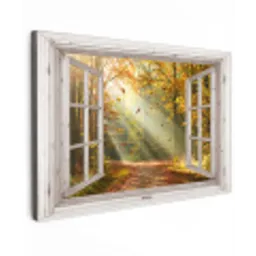 Bos - Bomen - Herfst - Zon - Herfstbladeren - Natuur - Doorkijk Tuinposter op houten frame 2 cm dik klein -3d